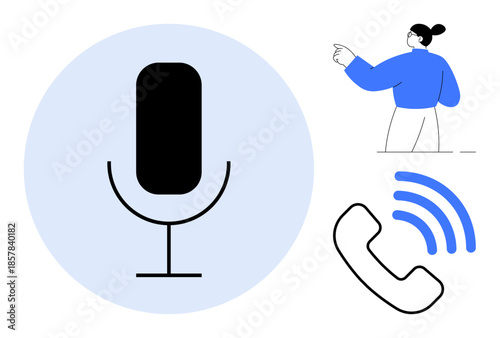 Voice recognition, digital communication, customer support, mobile technology, phone call services, audio messaging. Smartphone in microphone graphic, call icon person pointing. Voice recognition