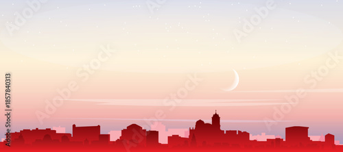 Red panoramic poster of the city skyline with misty background buildings, sunrise, moon and clouds of AREQUIPA, PERU