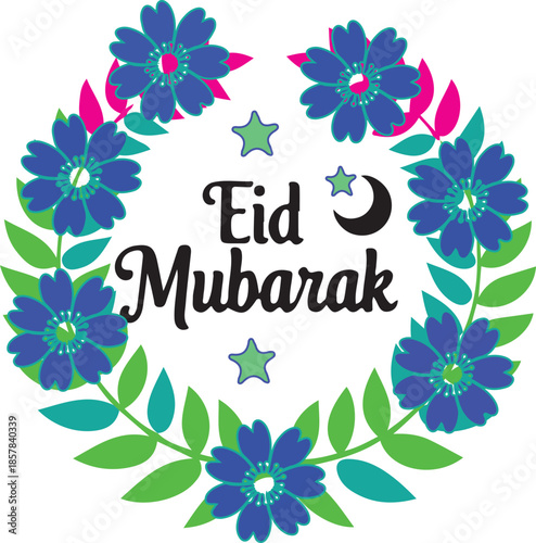 Eid Mubarak Typography with Blue Flower Wreath and Crescent Moon