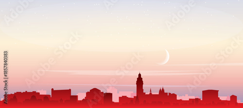 Red panoramic poster of the city skyline with misty background buildings, sunrise, moon and clouds of QUITO, ECUADOR