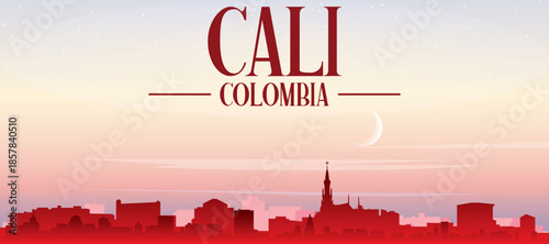 Red panoramic poster of the city skyline with misty background buildings, sunrise, moon and clouds of CALI, COLOMBIA