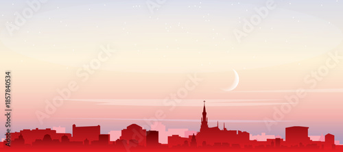 Red panoramic poster of the city skyline with misty background buildings, sunrise, moon and clouds of CALI, COLOMBIA