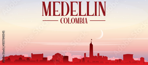 Red panoramic poster of the city skyline with misty background buildings, sunrise, moon and clouds of MEDELLIN, COLOMBIA