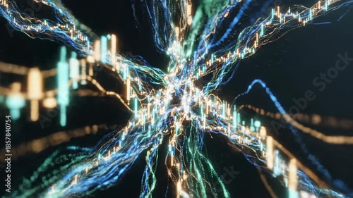 Abstract digital art of data streams and financial market analysis visualization.