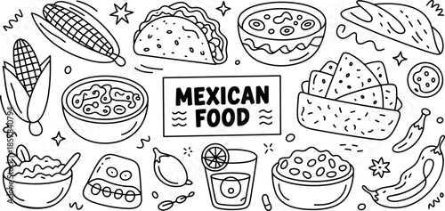 Hand Drawn Mexican Food Doodle Vector Illustration Featuring Tacos Nachos Burritos Chili Corn and Traditional Cuisine Icons for Restaurant Menu Design (22 words)