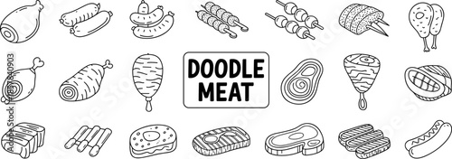 PrintHand Drawn Meat Doodles Vector Illustration Featuring Steak Sausage Chicken Leg Skewers Ribs and Hot Dog Icons for Butcher Shop BBQ and Cooking (22 words)