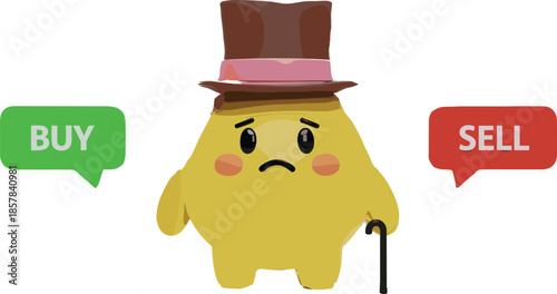 Cute confused cartoon character choosing between buy and sell decision, financial trading dilemma illustration for investment and market concepts