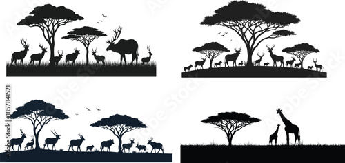 African savannah silhouette giraffes and trees in stunning black silhouettes