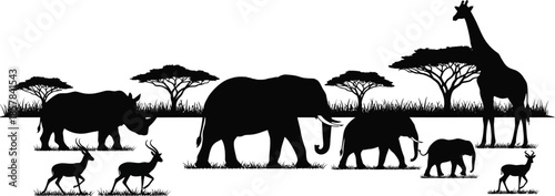 Wildlife silhouette scene with giraffe elephant and antelope in savannah