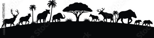 Wildlife silhouette scene with tropical trees and animals