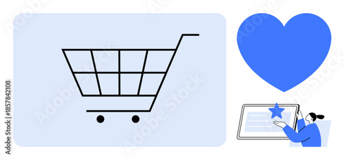 E-commerce, online shopping, wishlist creation, consumer behavior, digital marketing, purchasing trends. Shopping cart icon, heart symbol user interacting with tablet. E-commerce and online shopping