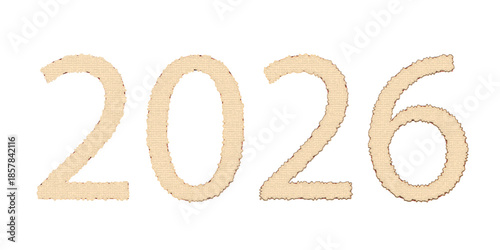 2026 wooden textured numbers beige tan rustic style new year date typography design isolated on white background.