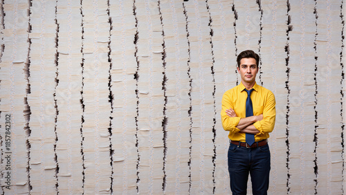 Young man standing confidently with arms crossed against paper backdrop  