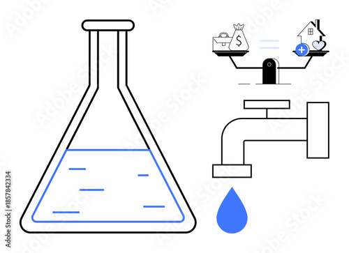 Science concept. Science with a laboratory flask, economic balance visuals with a scale, and water conservation via a tap. For sustainability, education, environment, economy, research