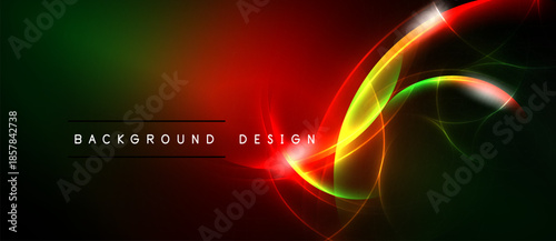 Abstract vibrant design. Red, green hues blend into darkness. Dynamic curves create energy, visual impact. Text reads background design.