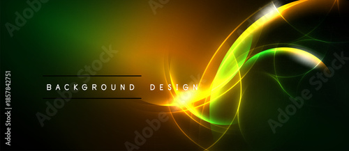 Abstract vibrant lines create dynamic glow. Green, orange, yellow hues blend into dark background. Text reads background design.