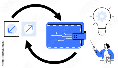 Digital wallet graphics with tech circuits, two directional arrows, glowing light bulb, presenting person. Ideal for finance, technology, payment solutions, innovation, fintech online commerce
