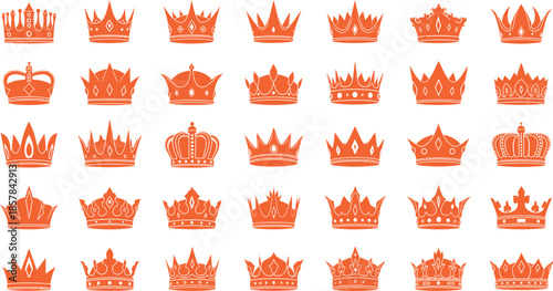 Collection of 36 orange crown logos on white background