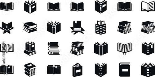 Collection of 25 black and white book icons in various styles and orientations