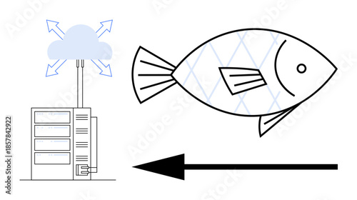 Phishing concept. Diagram phishing threats linked to cloud and data hosting. Phishing shows risks in data hosting and cybersecurity. For tech security, education, cloud services, IT risks, and online