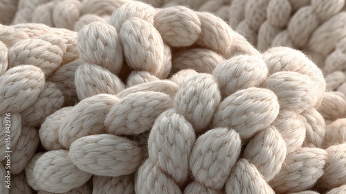 Chunky knitted texture in Cloud Dancer color, soft cozy braided yarn macro background
