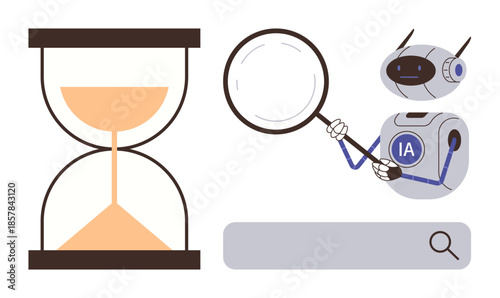 Robot using magnifying glass to explore and analyze, hourglass symbolizing time, paired with search bar for efficiency. Ideal for AI, technology, time management, research, innovation, automation