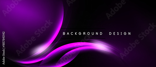 Abstract purple waves over black background. Smooth curves create dynamic visual effect. Text reads background design.
