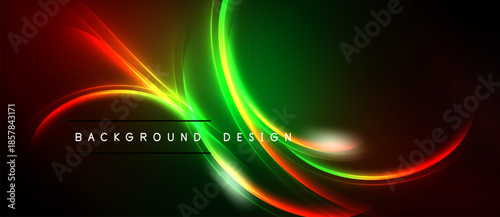 Abstract vibrant waves, red, green, yellow hues. Dynamic curves create flowing energy, dark background enhances luminosity. Modern design element.