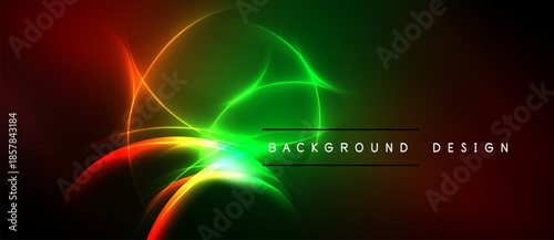 Abstract vibrant design features glowing curves, gradients. Red, green hues dominate dark background. Modern aesthetic.