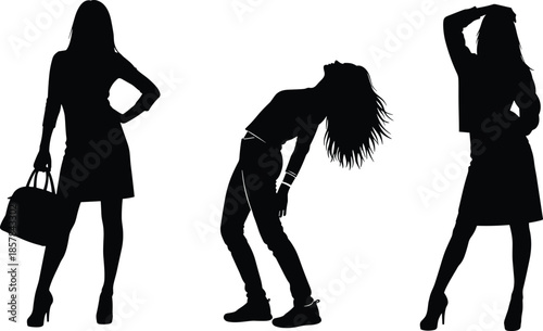 Fashion women silhouettes posing confidently in stylish outfits isolated vector set for lifestyle modeling elegance attitude and modern illustration