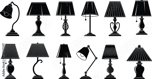 Collection of classic and modern table lamp silhouettes isolated vector set for interior lighting decor furniture illustration design projects templates