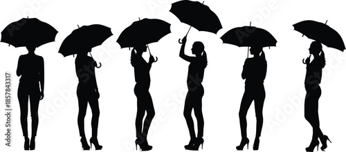 Elegant women silhouettes holding umbrellas in various poses isolated vector set for fashion rain concept lifestyle illustration design