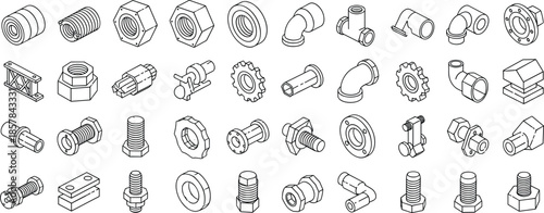 Isometric mechanical parts and industrial hardware components collection including bolts nuts pipes gears isolated vector set for engineering design