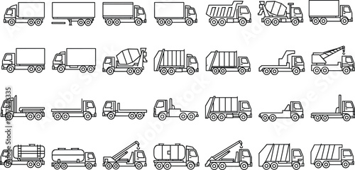 Set of commercial truck silhouettes including cargo dump tanker mixer crane vehicles isolated vector collection for transport logistics industry design