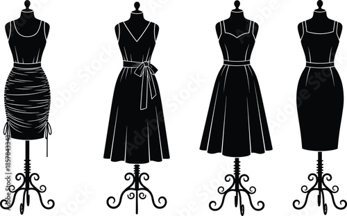 Set of elegant women dress silhouettes on mannequin isolated vector collection for fashion design tailoring boutique display and apparel illustration