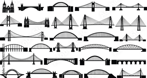 Collection of bridge silhouettes including suspension arch cable designs isolated vector set for architecture infrastructure transport and city landmark projects
