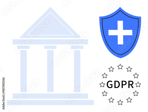 Data protection, GDPR compliance, cybersecurity, digital privacy, legal regulations, healthcare protection. Pillar government building, shield with medical cross GDPR with stars. Data protection