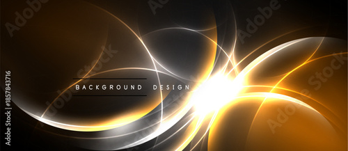 Abstract design features glowing curves, bright light flares. Dark background emphasizes dynamic energy, modern aesthetic.