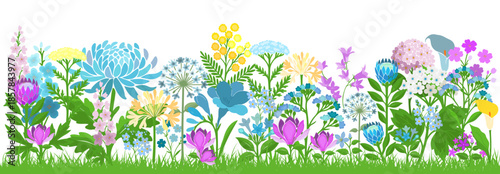colored flowers horizontal background grass. Hand drawn. Not AI, vector illustration
