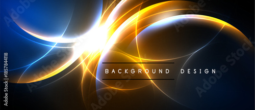 Abstract neon lights create dynamic energy. Bright orange, blue hues blend, forming swirling patterns against black backdrop. Design evokes futuristic feel.