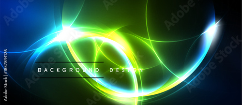 Bright abstract design features swirling neon lights. Vivid blue, green, yellow hues create dynamic energy. Dark background emphasizes luminosity.