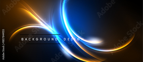 Abstract design features flowing orange, blue light streaks. Dark background enhances vibrant curves, creating dynamic visual effect.