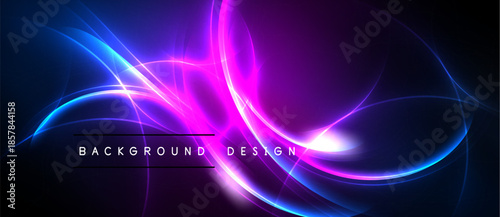 Abstract neon lights create dynamic swirls. Vivid blue, purple hues dominate dark background. Modern design element.