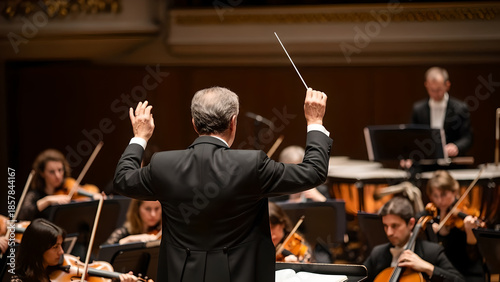 Professional Orchestra Conductor Leading Musicians During Classical Music Performance in Concert Hall