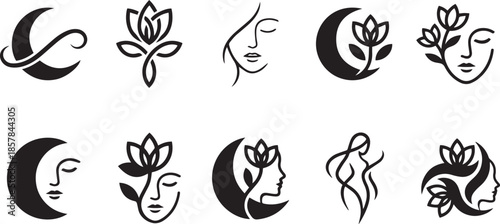 Set of woman flower and moon silhouettes such as face floral vector element