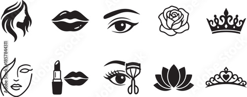 Glamourous collection of beauty icons for make up and fashion related concepts