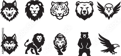 Set of animal silhouettes such as wolf lion tiger bear and eagle vector art