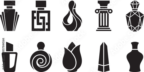 Collection of black perfume bottles in different shapes and styles on transparent background