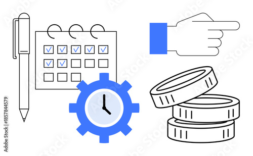 Productivity, planning, scheduling, financial management, work organization, time tracking. Calendar with checkboxes, clock gear coins pen pointing hand. Productivity and planning concepts