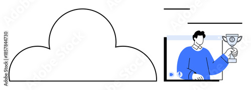 Cloud storage connected to a screen with a person holding a trophy, denoting online achievement. Ideal for data sharing, cloud technology, remote success, teamwork, productivity, innovation